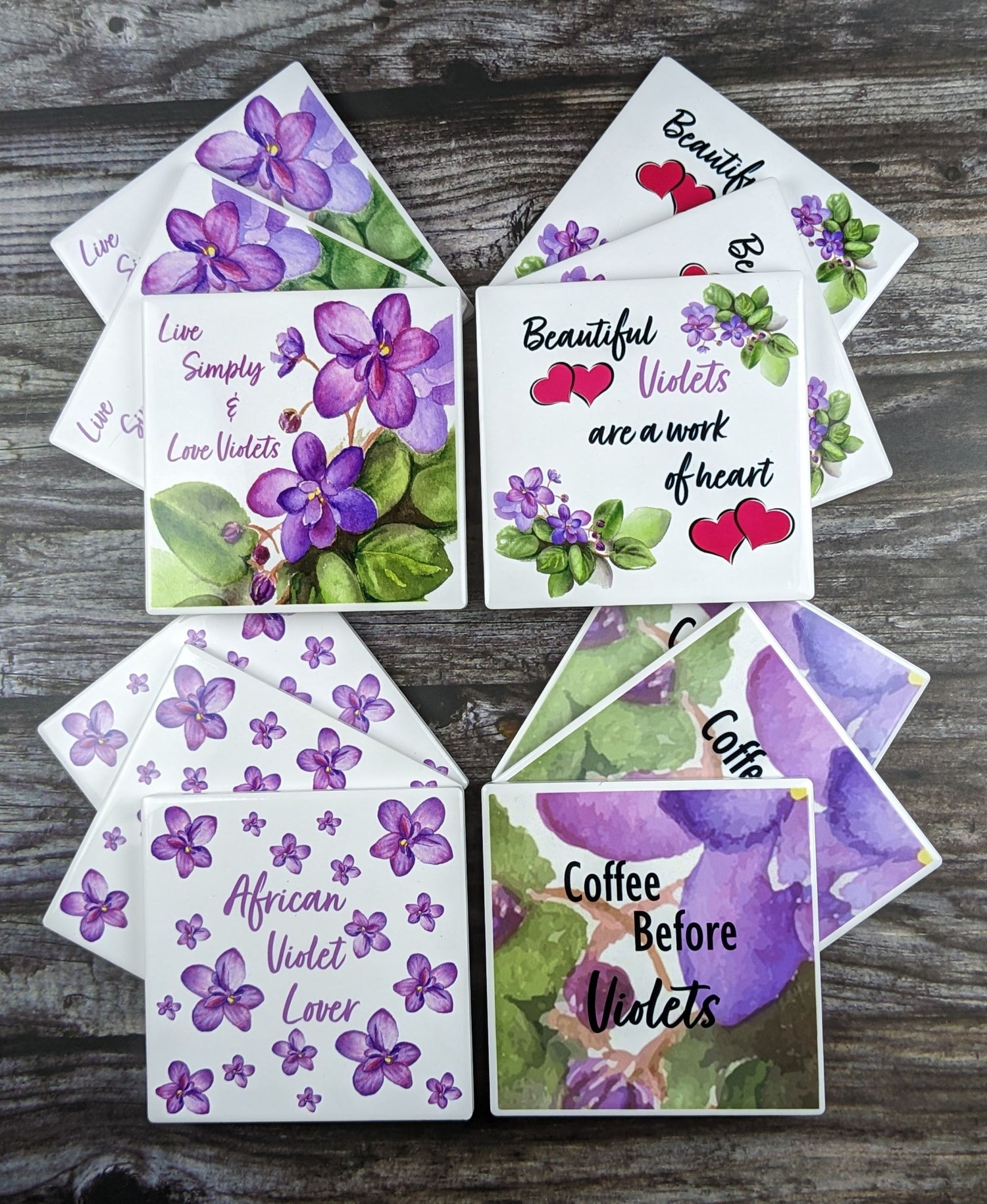 African violet themed ceramic coasters