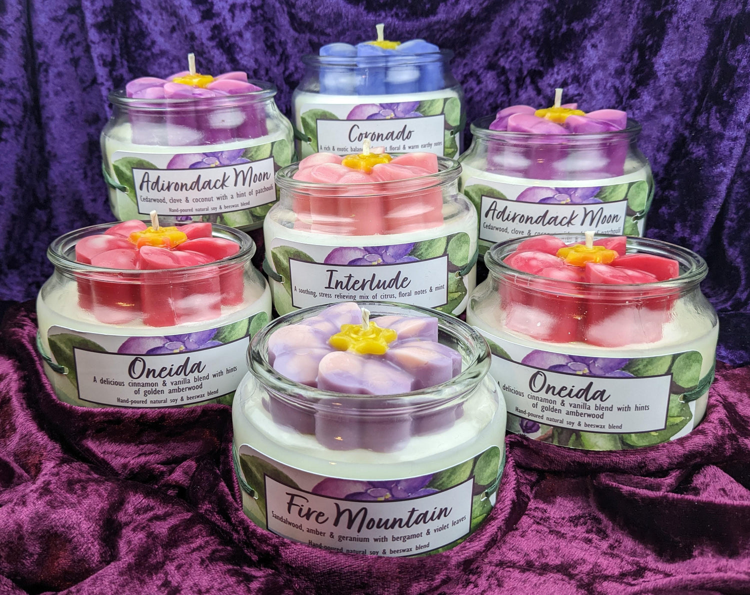 African violet candle colored flower soy and beeswax