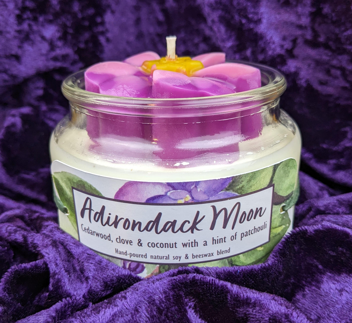 African violet candle fuchsia flower soy and beeswax cedarwood clove clove patchouli