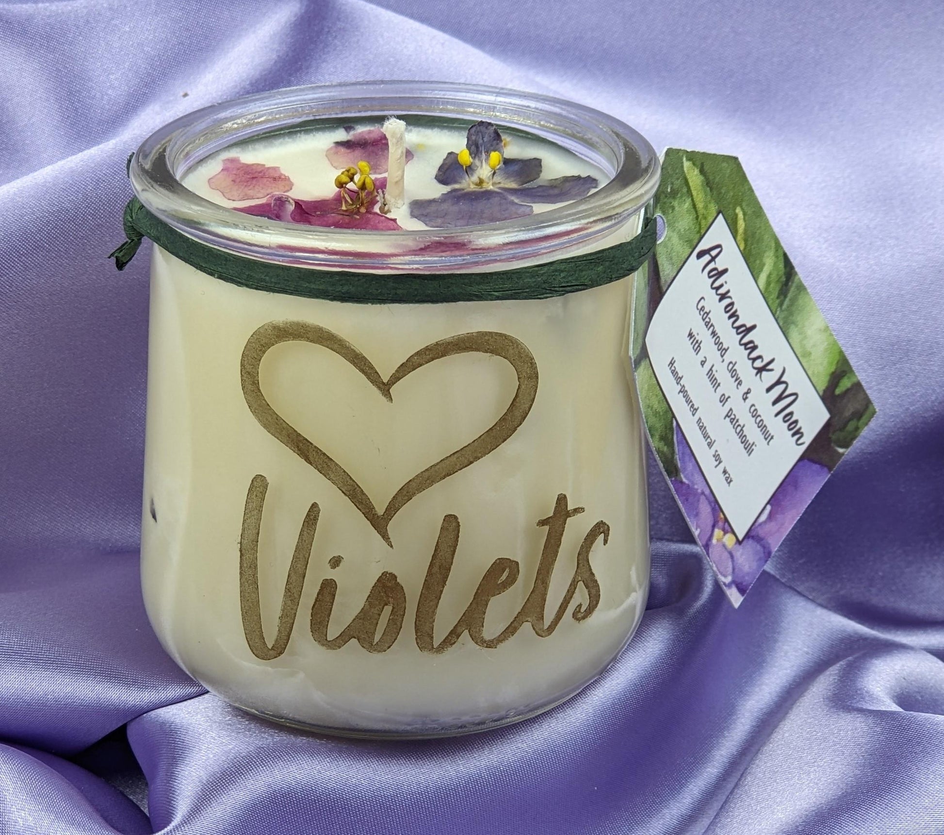 African violet candle dried violet flowers cedarwood patchouli clove