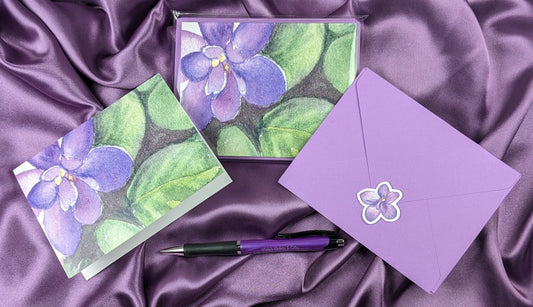 African violet notecards 4x5.25" glossy out blank in coordinating envelopes stickers set 6