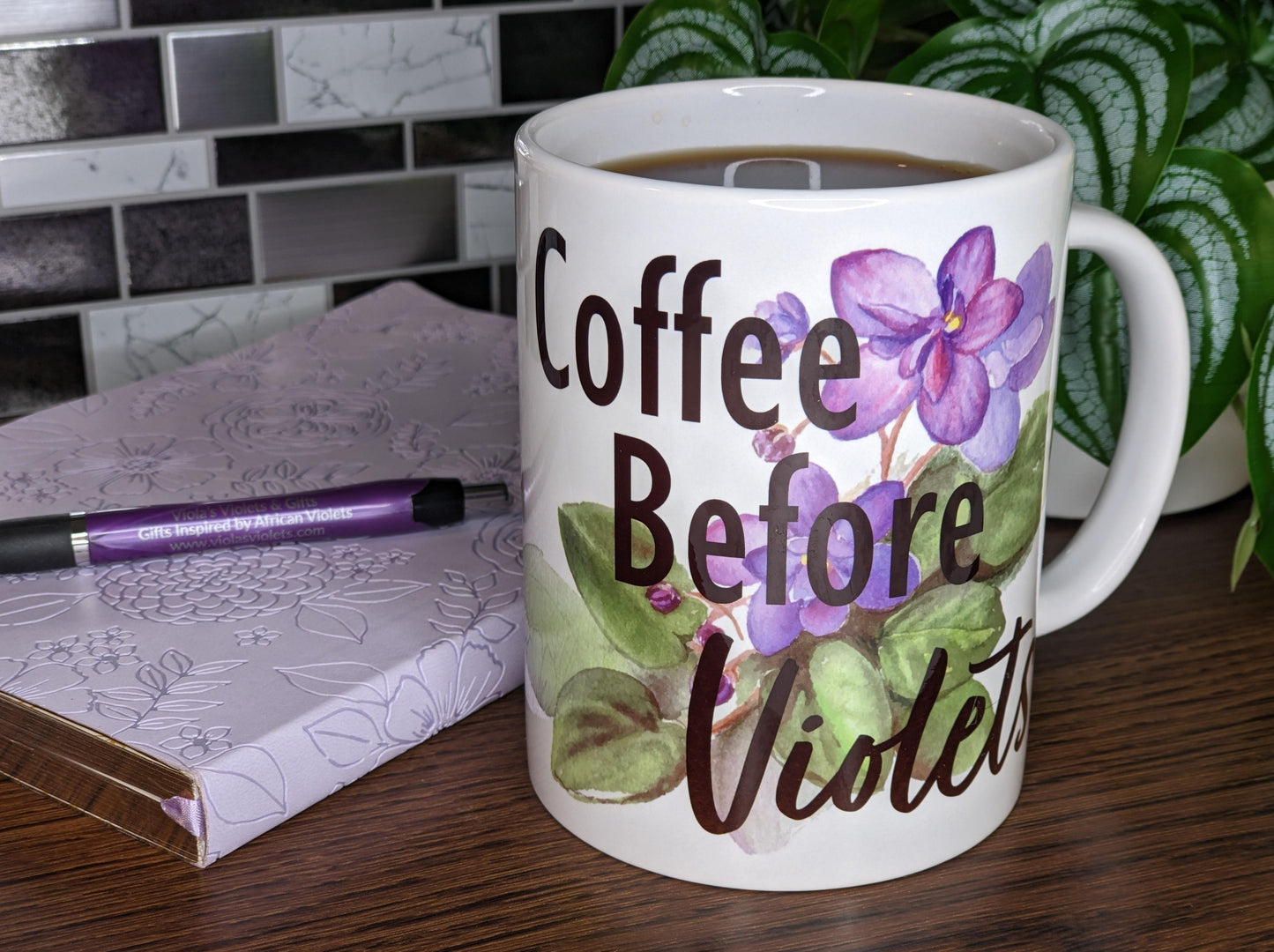 African violet ceramic 15oz mug Coffee Before Violets