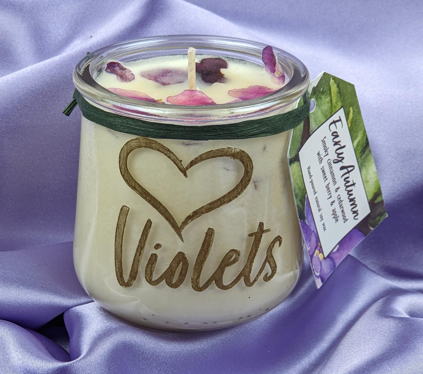 African violet candle dried violet flowers cinnamon cedarwood berry apple