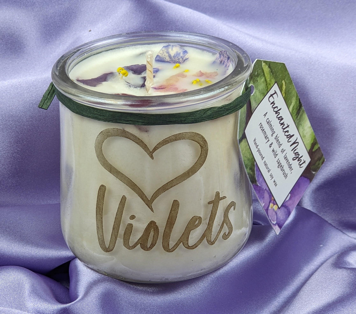 African violet candle dried violet flowers lavender rosemary