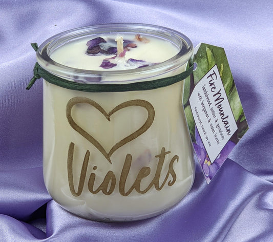 African violet candle dried violet flowers sandalwood amber bergamot