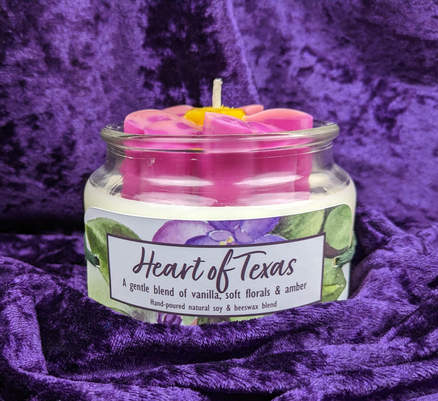 African violet candle purple flower soy and beeswax vanilla soft florals amber