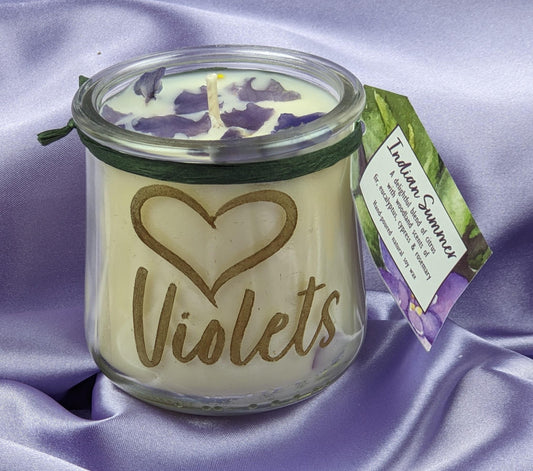 African violet candle dried violet flowers fir eucalyptus cypress rosemary