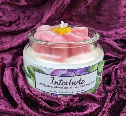 African violet candle pink flower soy and beeswax citrus floral mint