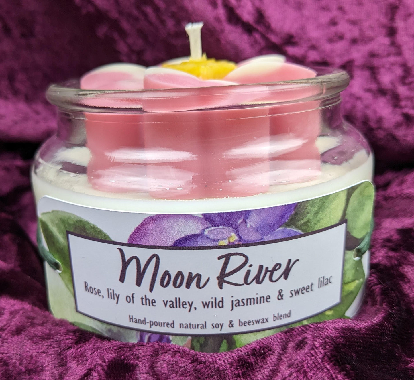 African violet candle pink flower soy and beeswax rose lily of the valley wild jasmine sweet lilac