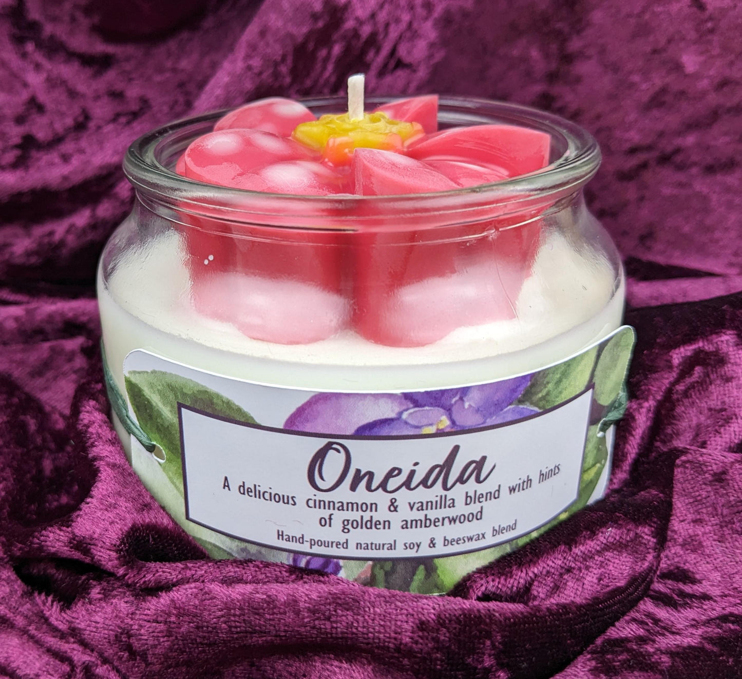 African violet candle red flower soy and beeswax cinnamon vanilla amberwood