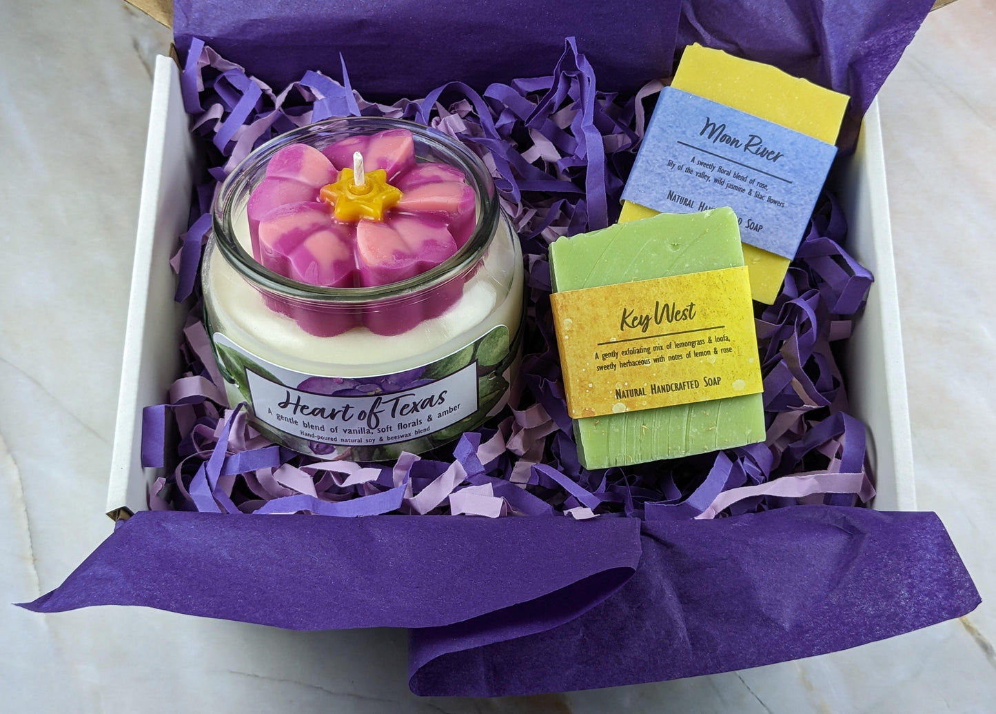 African violet gift box with candle soap