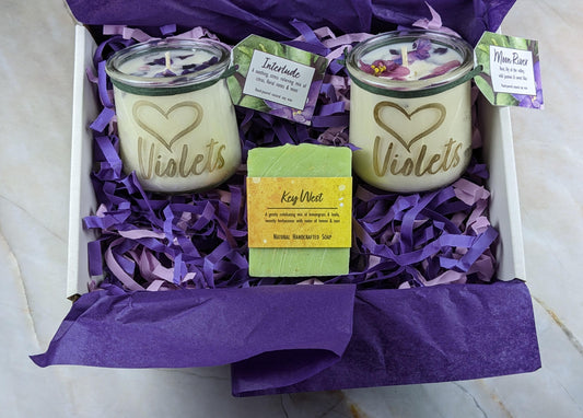 African violet gift box with candles soap