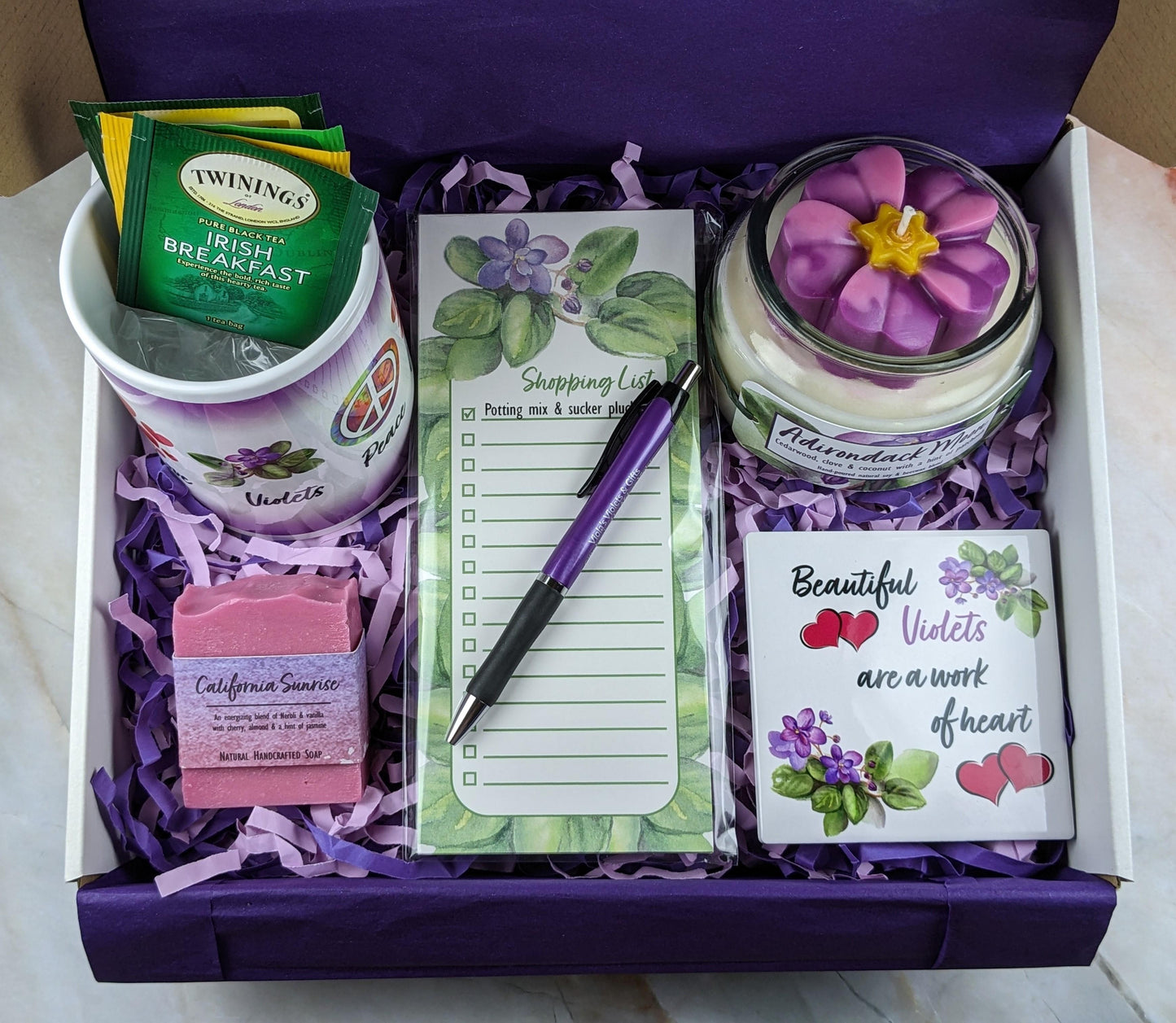 African violet gift box with mug candle coaster soap notepad