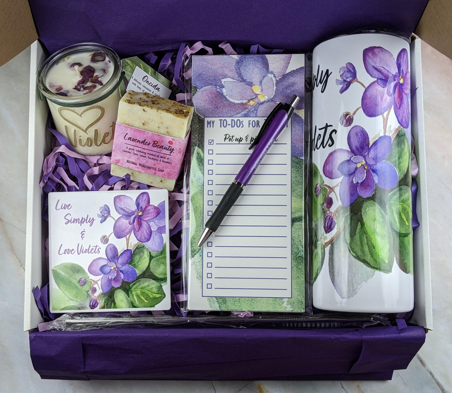 African violet gift box with tumbler candle coaster soap notepad